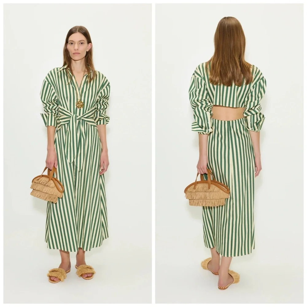 Simon Miller Loch Poplin Maxi Button Down Dress Striped Green Cut Out Large - Picture 1 of 15
